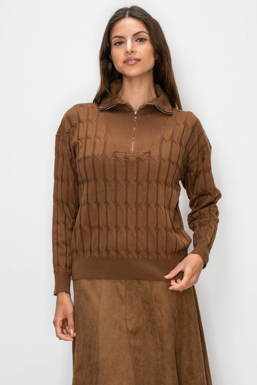 TEXTURED QUARTER-ZIP SWEATER - BROWN
