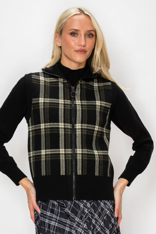 PLAID ZIP VEST - BLACK