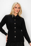 BUTTON FRONT CARDIGAN WITH DENIM TRIM - BLACK