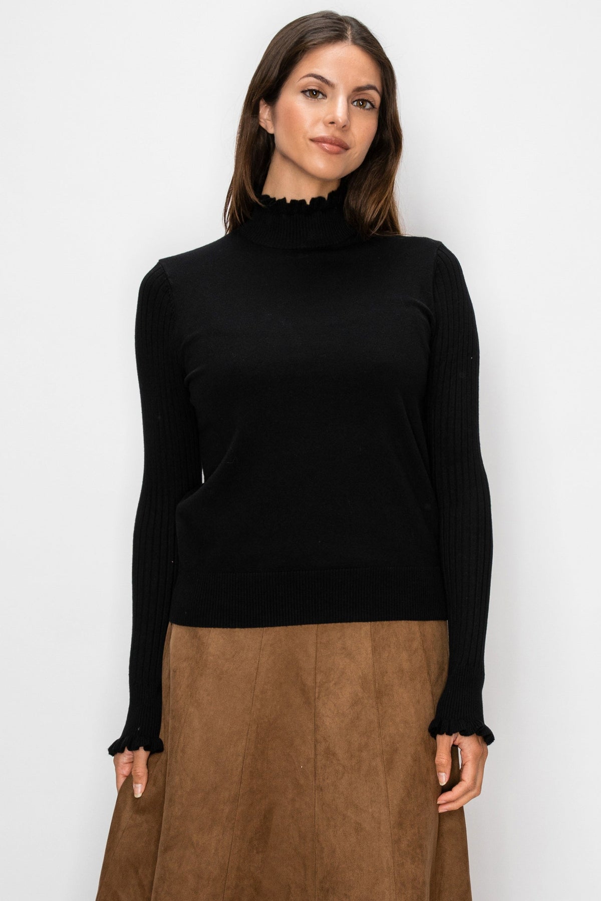 RUFFLE NECK AND CUFF SWEATER - BLACK