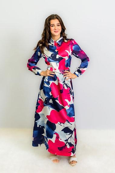 SHIRT COLLAR BELTED PRINTED SATIN