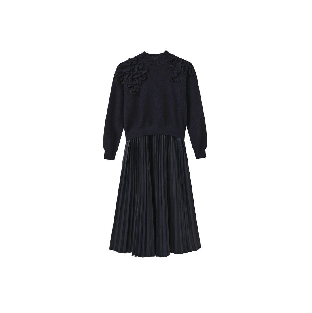 Chunky Knit Leather Pleated Dress – C-28487