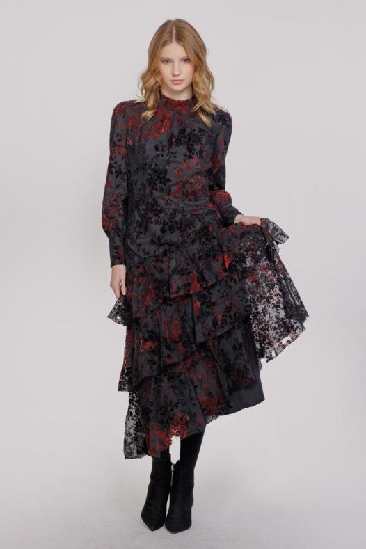 CUT VELVET TULLE ANGLED LAYER DRESS