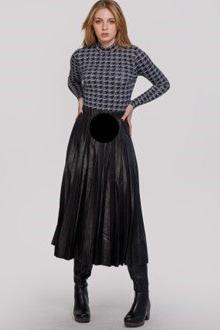 MESSY PLEATED CRACKLE TEATHER LEATHER/SUEDE MIDI SKIRT