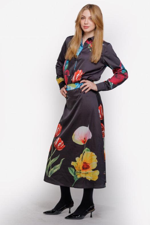 MATCHING LARGE FLOWER ALINE MIDI SATIN SKIRT