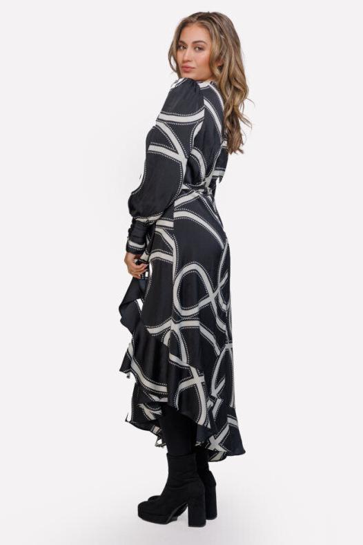 SWIRL/DOT PRINT BELTED DRESS WITH VERTICAL RUFFLE