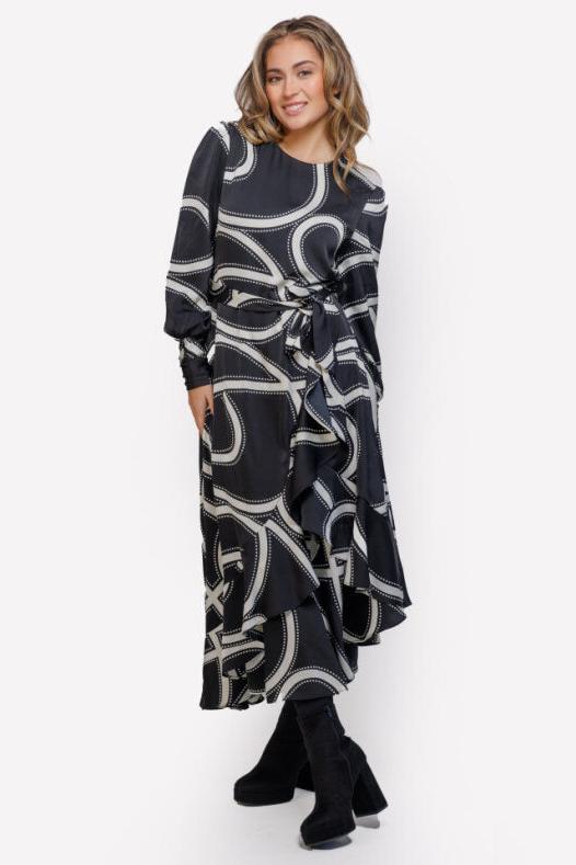 SWIRL/DOT PRINT BELTED DRESS WITH VERTICAL RUFFLE