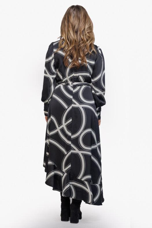 SWIRL/DOT PRINT BELTED DRESS WITH VERTICAL RUFFLE