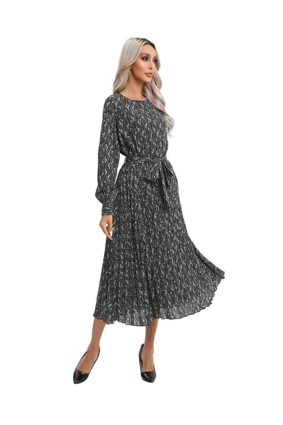 Print Midi Long Sleeve Dress with Detached Belt - MissFinchNYC