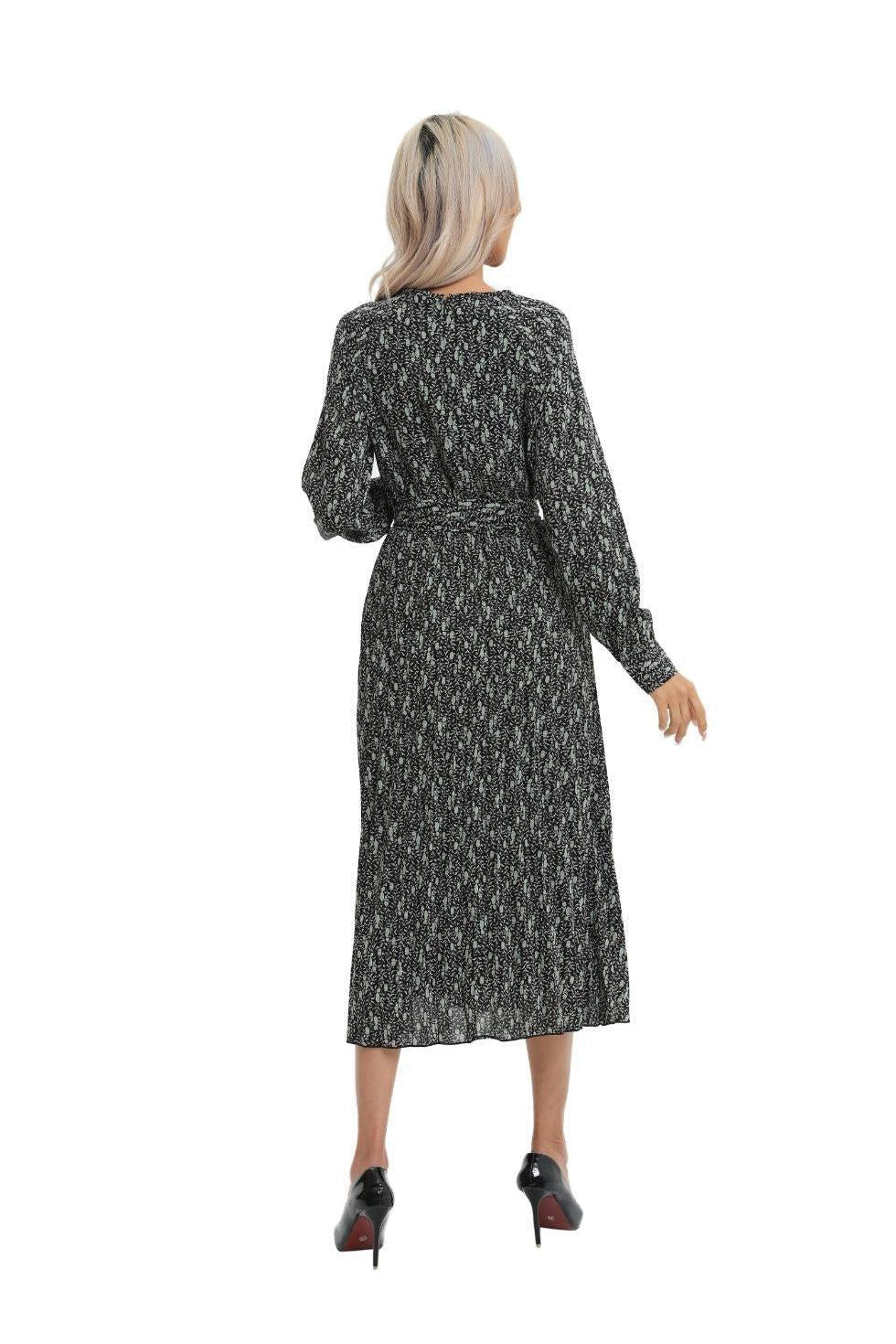 Print Midi Long Sleeve Dress with Detached Belt - MissFinchNYC