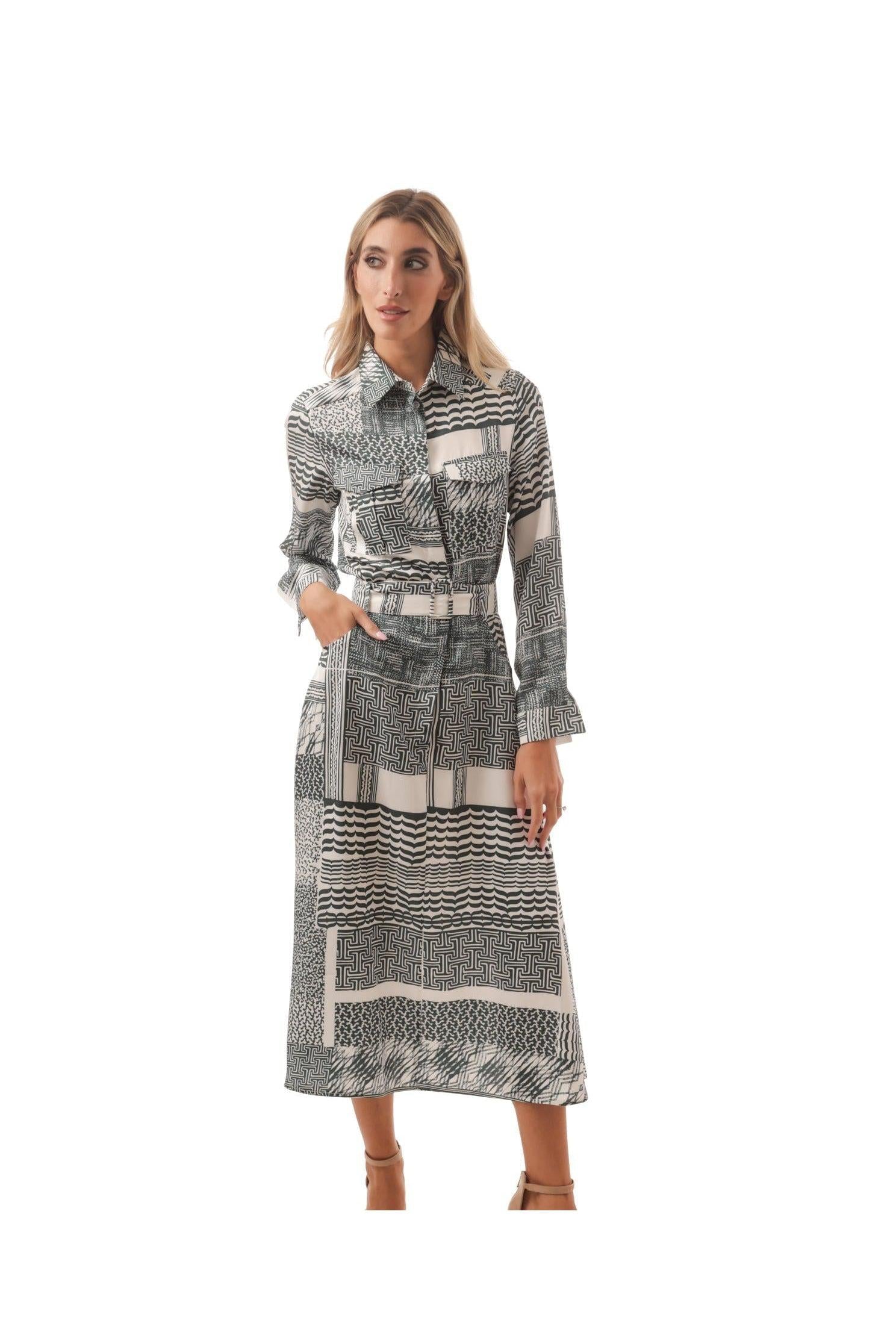 PRTD BELTED DRESS WITH PLACKET שמלה